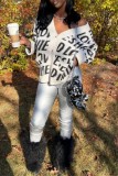 White Casual Letter Patchwork V Neck Outerwear