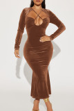 Pink Sexy Solid Bandage Hollowed Out Patchwork Backless Asymmetrical Collar Trumpet Mermaid Dresses