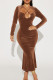 Coffee Sexy Solid Bandage Hollowed Out Patchwork Backless Asymmetrical Collar Trumpet Mermaid Dresses