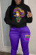Black Purple Casual Print Patchwork Draw String Pocket Hooded Collar Plus Size Two Pieces