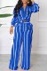 Blue Casual Striped Print Letter Turndown Collar Long Sleeve Two Pieces