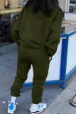 Army Green Casual Character Print Letter O Neck Long Sleeve Two Pieces