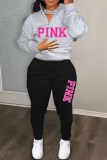 Light Gray Street Print Letter Zipper Collar Long Sleeve Two Pieces