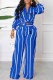 Blue Casual Striped Print Letter Turndown Collar Long Sleeve Two Pieces