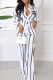 White Casual Street Striped Print Letter Turndown Collar Long Sleeve Two Pieces