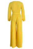 Yellow Casual Solid Frenulum Pleated V Neck Plus Size Jumpsuits