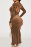 Pink Sexy Solid Bandage Hollowed Out Patchwork Backless Asymmetrical Collar Trumpet Mermaid Dresses