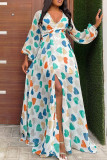 Green Elegant Print Patchwork High Opening V Neck Printed Dress Dresses