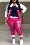 Rose Red Casual Print Patchwork Letter Mandarin Collar Long Sleeve Two Pieces