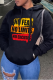Black Casual Daily Print Draw String Hooded Collar Tops