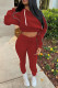 Red Casual Solid Basic Hooded Collar Long Sleeve Two Pieces