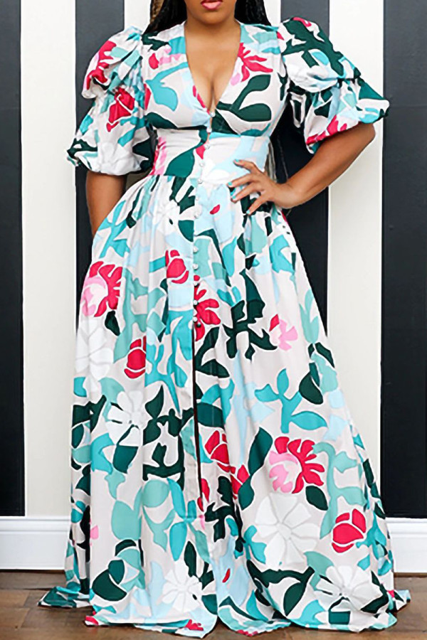 Sky Blue Elegant Print Patchwork Buckle High Opening V Neck Printed Dress Dresses