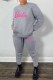 Grey Casual Print Letter O Neck Long Sleeve Two Pieces