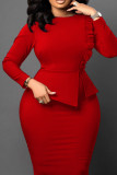 Red Casual Solid Patchwork O Neck Long Sleeve Plus Size Dresses