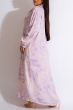 Purple Casual Print Patchwork Shirt Collar Long Dress Plus Size Dresses (Subject To The Actual Object)