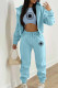 Lake Blue Casual Print Patchwork Draw String Pocket Hooded Collar Long Sleeve Three Pieces（The Coat Has A Print）