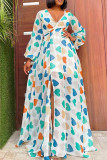 Green Elegant Print Patchwork High Opening V Neck Printed Dress Dresses