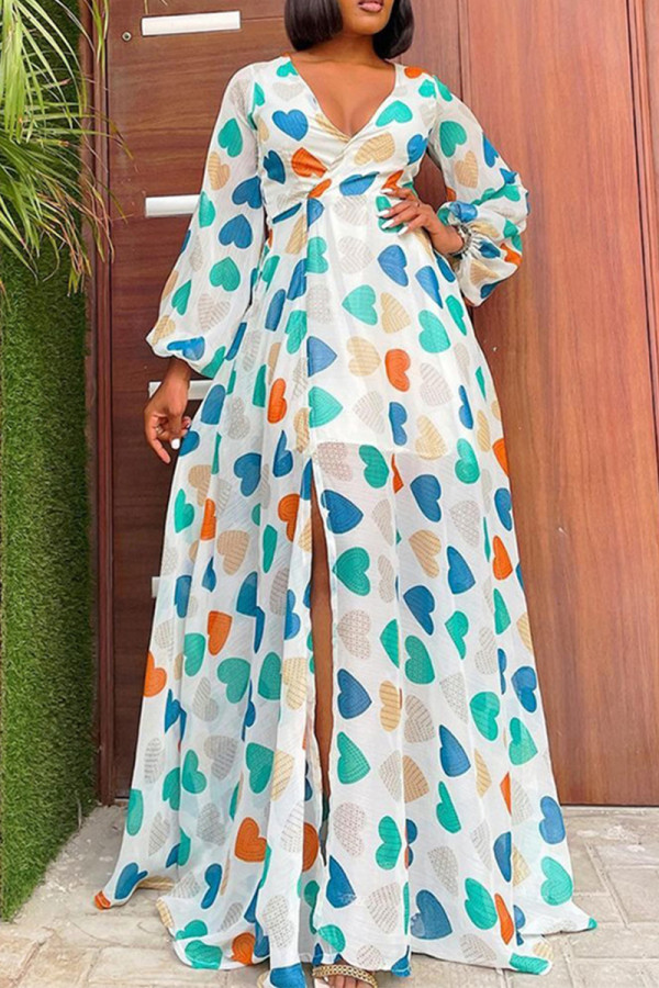 Green Elegant Print Patchwork High Opening V Neck Printed Dress Dresses