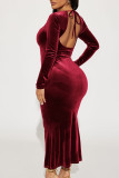 Pink Sexy Solid Bandage Hollowed Out Patchwork Backless Asymmetrical Collar Trumpet Mermaid Dresses