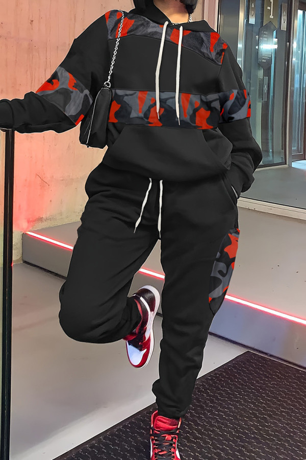 Red Street Print Patchwork Hooded Collar Long Sleeve Two Pieces