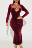 Pink Sexy Solid Bandage Hollowed Out Patchwork Backless Asymmetrical Collar Trumpet Mermaid Dresses
