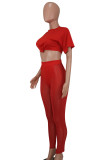Red Street Solid Patchwork O Neck Short Sleeve Two Pieces