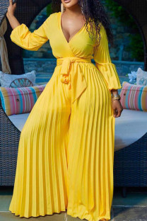 Yellow Casual Solid Frenulum Pleated V Neck Plus Size Jumpsuits