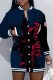 Blue Red Vintage Print Letter Mandarin Collar One Step Skirt Dresses