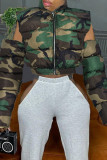 Camouflage Casual Camouflage Print Hollowed Out Zipper Collar Outerwear
