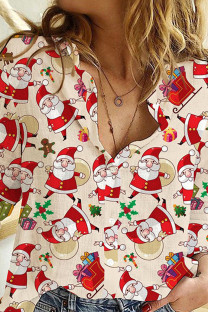 Santa Claus Casual Print Patchwork Buckle Shirt Collar Tops