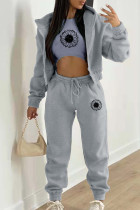 Grey Casual Print Patchwork Draw String Pocket Hooded Collar Long Sleeve Three Pieces（The Coat Has A Print）
