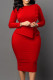 Red Casual Solid Patchwork O Neck Long Sleeve Plus Size Dresses