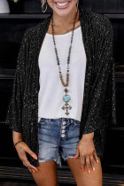 Black Casual Solid Sequins Patchwork Cardigan Collar Outerwear