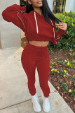 Red Casual Solid Basic Hooded Collar Long Sleeve Two Pieces