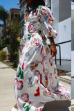 White Elegant Print Patchwork Buckle High Opening V Neck Printed Dress Dresses