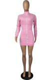 Pink Casual Solid Patchwork Zipper Collar Long Sleeve Plus Size Dresses