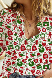 Red Green Casual Print Patchwork Buckle Shirt Collar Tops