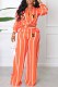 Orange Casual Striped Print Letter Turndown Collar Long Sleeve Two Pieces