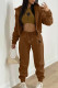 Brown Casual Print Patchwork Draw String Pocket Hooded Collar Long Sleeve Three Pieces