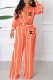 Orange Casual Street Striped Print Letter Turndown Collar Long Sleeve Two Pieces