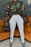 Camouflage Casual Camouflage Print Hollowed Out Zipper Collar Outerwear