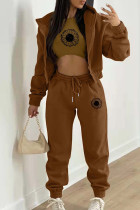 Brown Casual Print Patchwork Draw String Pocket Hooded Collar Long Sleeve Three Pieces（The Coat Has A Print）