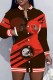 Red Vintage Print Letter Mandarin Collar One Step Skirt Dresses