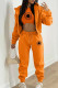Tangerine Red Casual Print Patchwork Draw String Pocket Hooded Collar Long Sleeve Three Pieces（The Coat Has A Print）