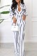 White Casual Striped Print Letter Turndown Collar Long Sleeve Two Pieces