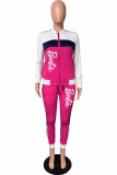 Rose Red Casual Print Patchwork Letter Mandarin Collar Long Sleeve Two Pieces