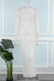 Pink Sexy Solid Sequins Patchwork Mesh O Neck Long Dress Dresses