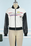 Red Street Print Patchwork Zipper O Neck Outerwear