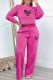 Rose Red Casual Print Letter O Neck Long Sleeve Two Pieces