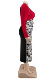 Black Casual Print Leopard Patchwork With Belt O Neck Long Sleeve Plus Size Dresses